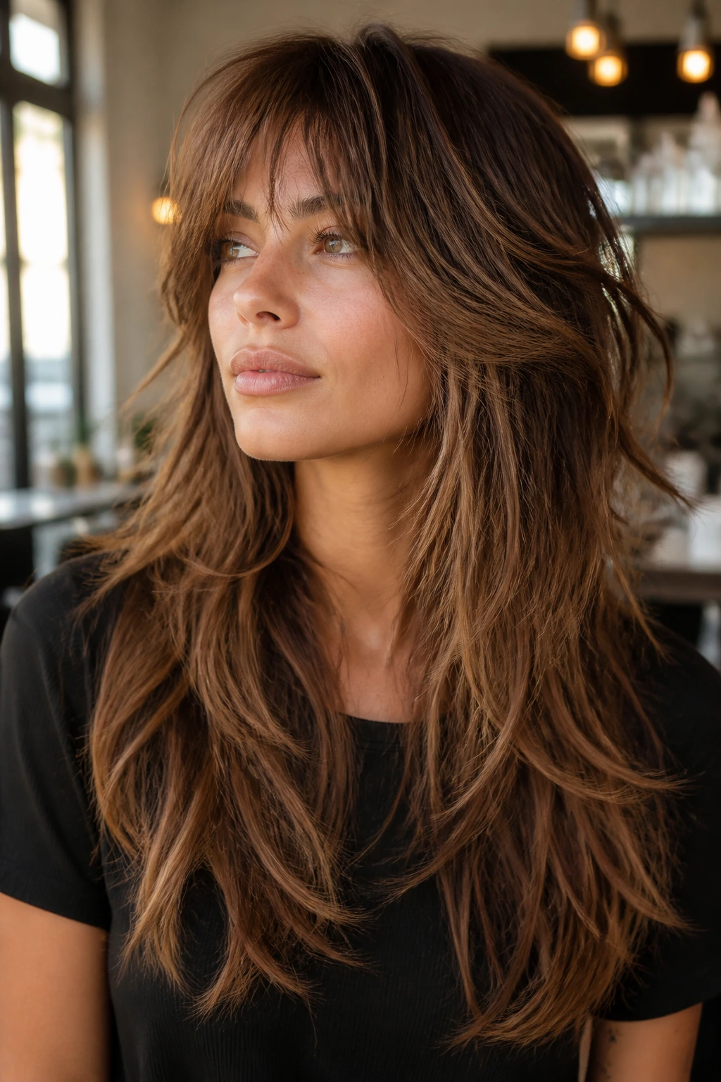 Close-up of real woman's long layered shag hair showing crown, cheekbone, jaw, and end layers in a warm salon.