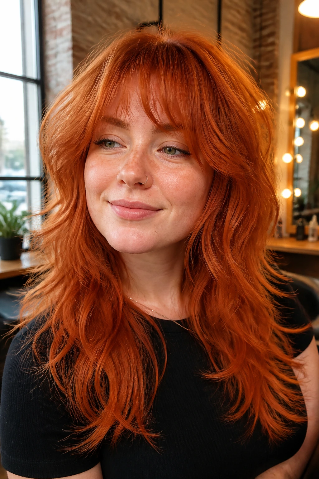 Close-up portrait of real person with layered red shag for thick hair, highlighting face-framing layers