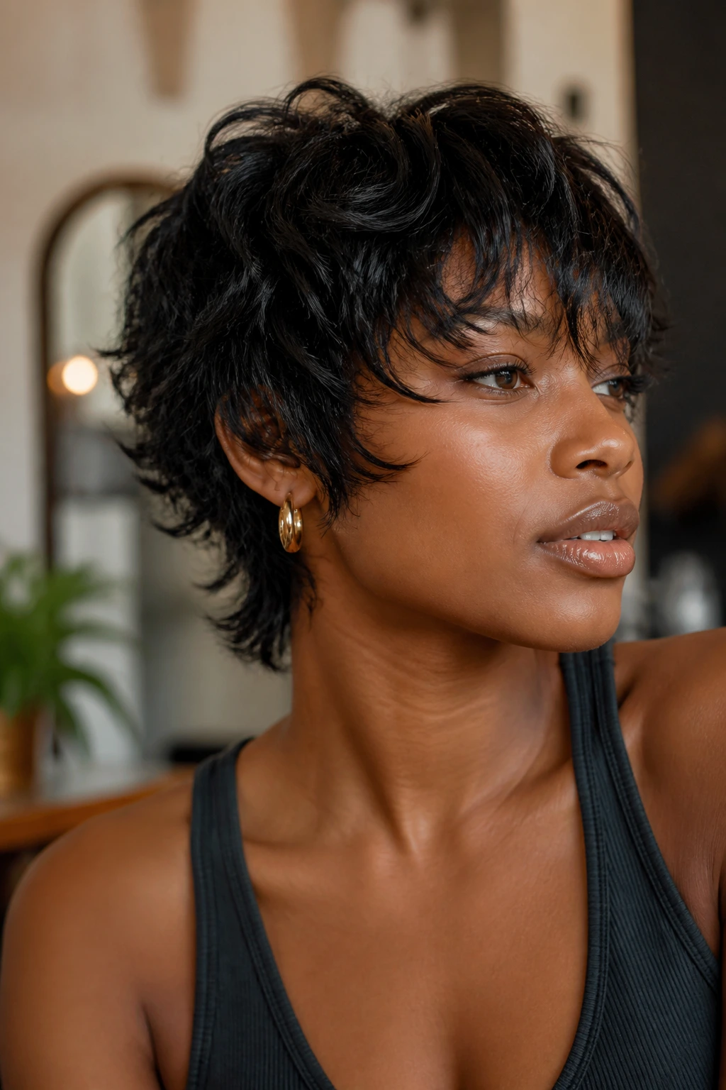 Close-up of a real Black woman's layered short shag with visible layers around the face