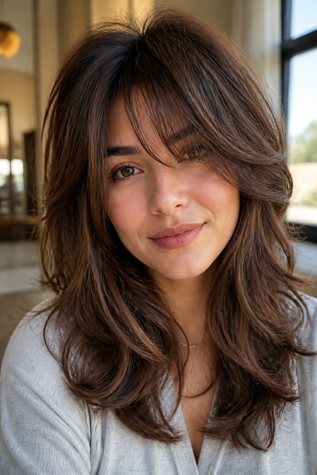 Close-up portrait showing layered shag reducing perimeter bulk on thick hair