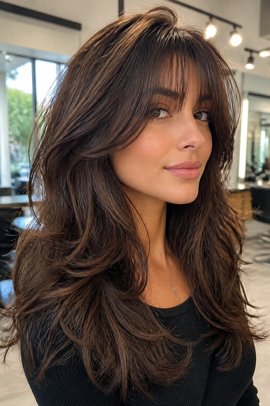 Portrait of a real woman showing layered shag variations with face-framing layers and soft fringe in a bright salon