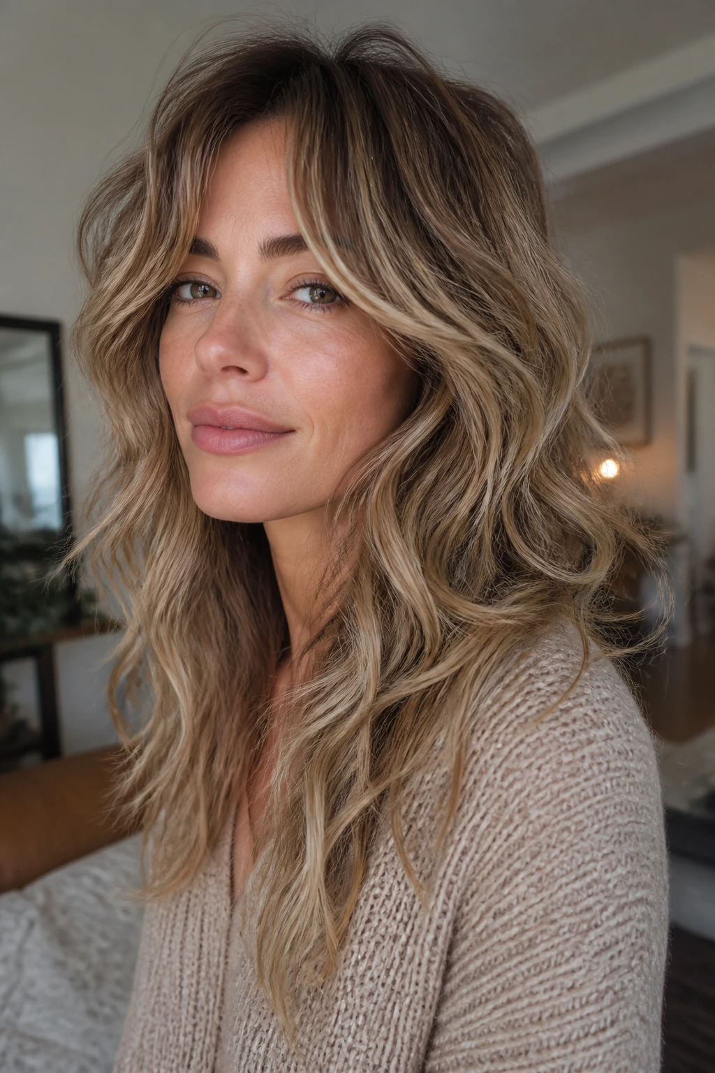 Real woman with layered shag waves close-up portrait