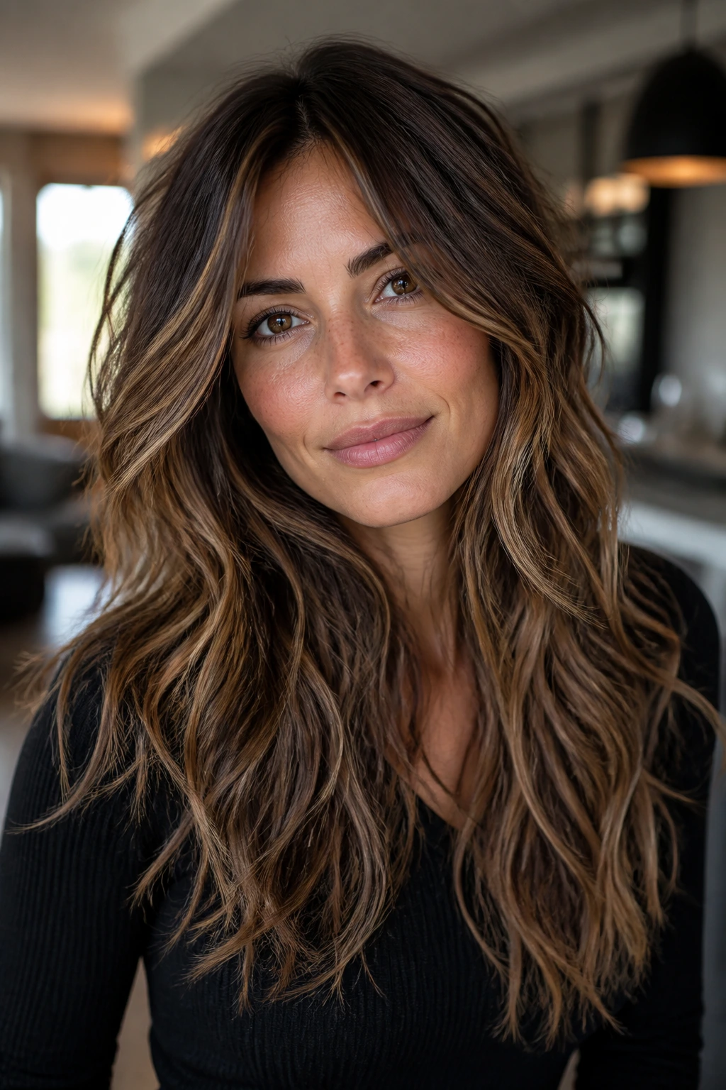 Real woman with layered shag waves to break up the weight on long thick hair