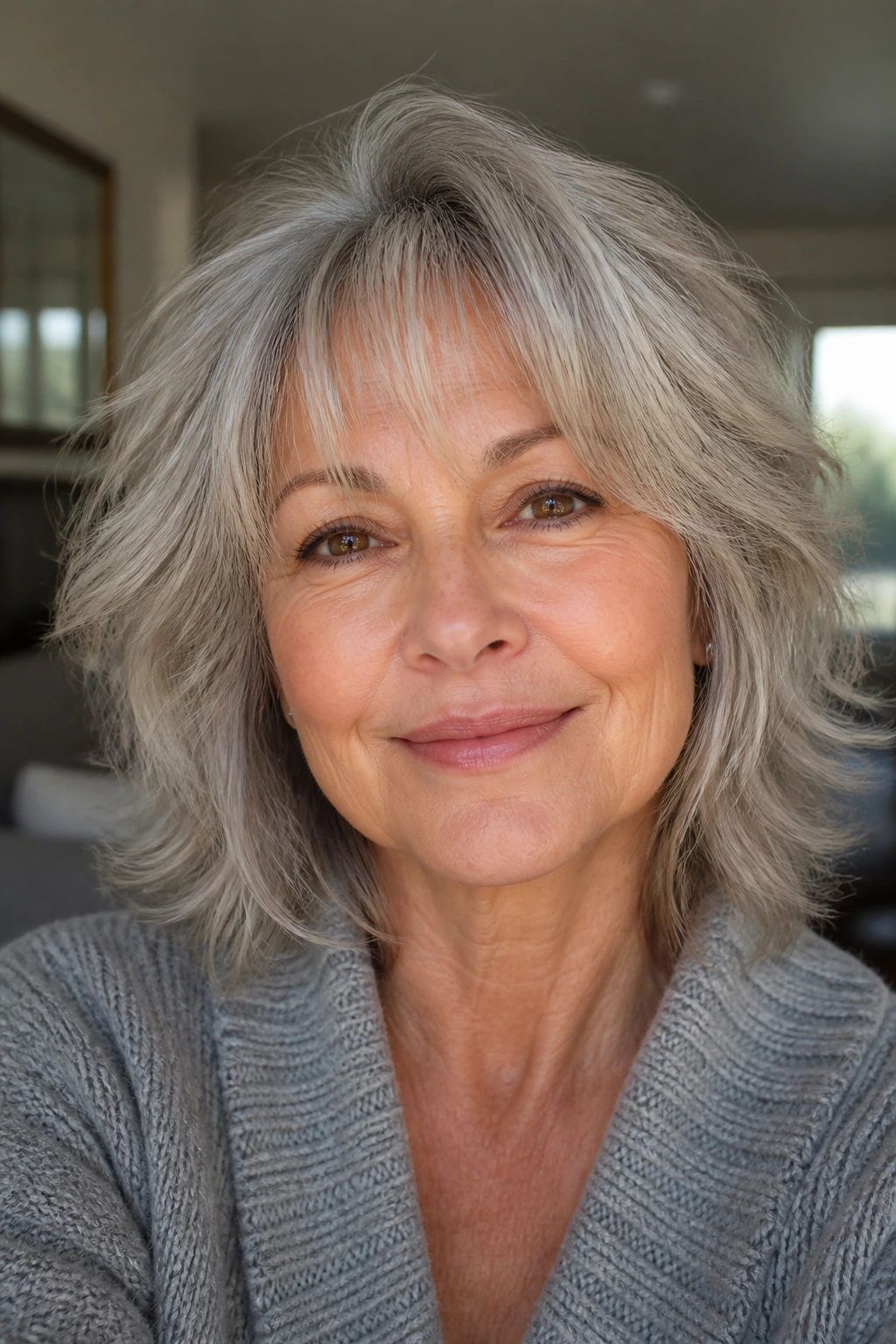 Close-up of a gray-haired woman with layered shag and wispy bangs