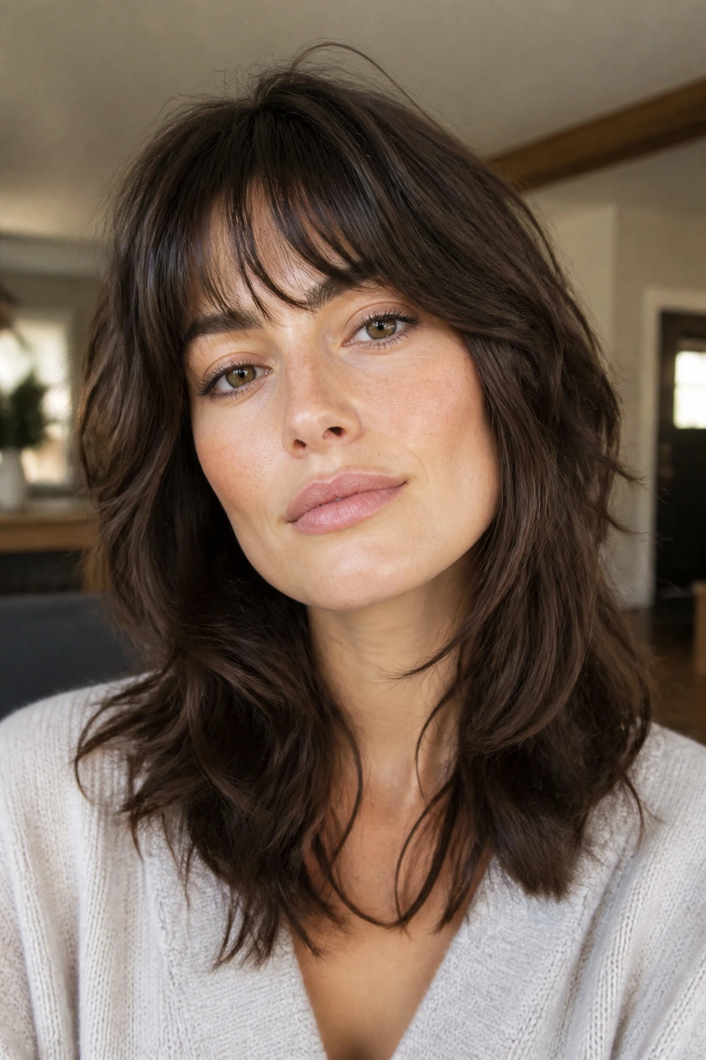 Portrait of a person with layered shag and wispy fringe hairstyle