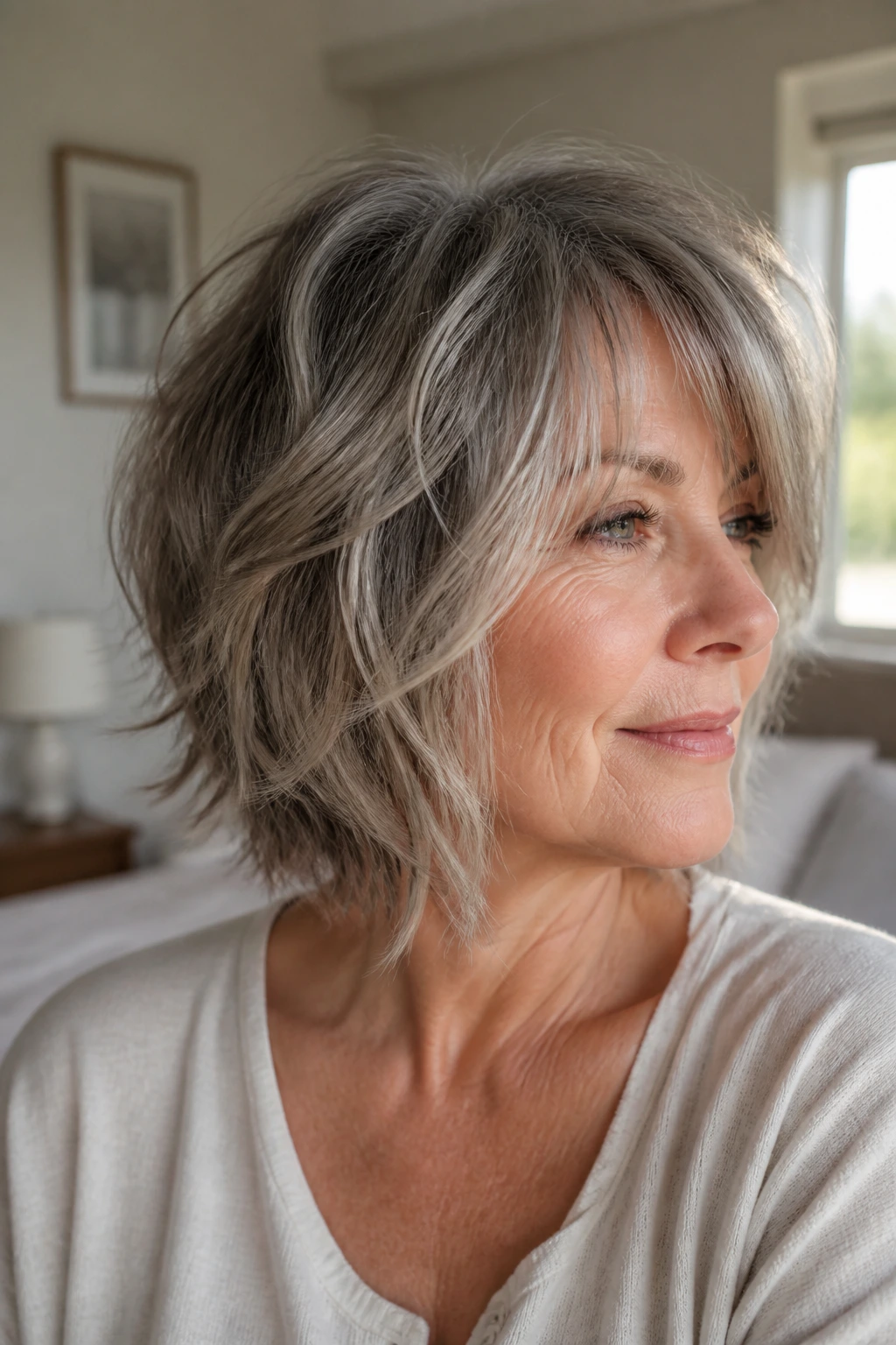 Close-up portrait of a real woman with layered shaggy bob featuring crown lift and face-framing texture