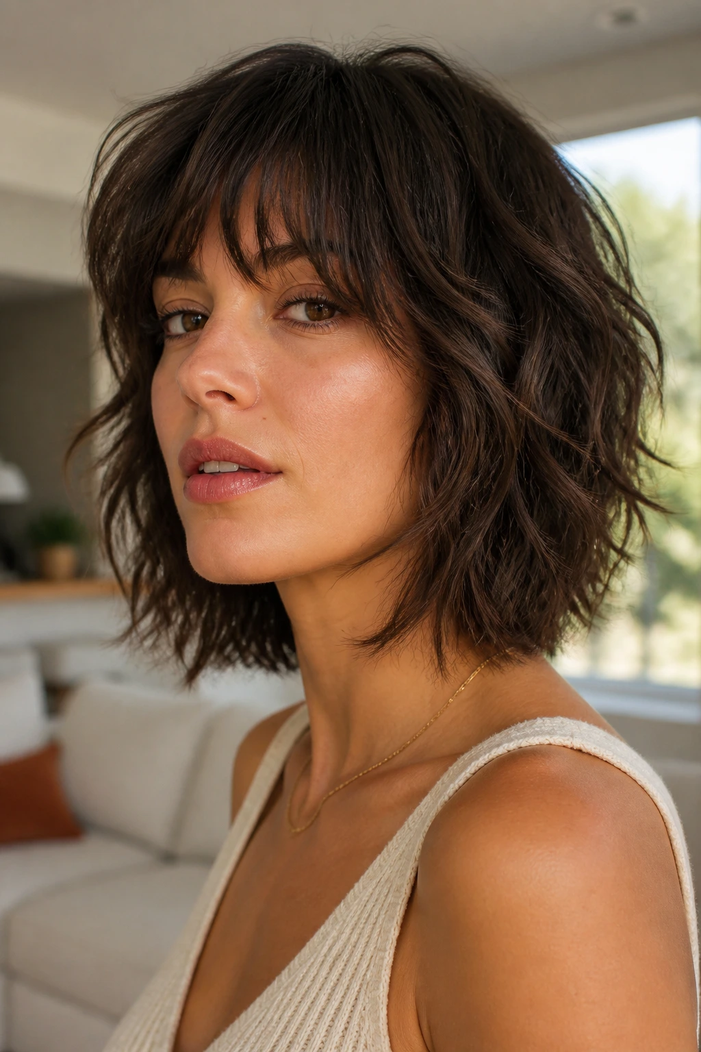 Portrait of brunette with cheekbone-grazing layered shaggy bob