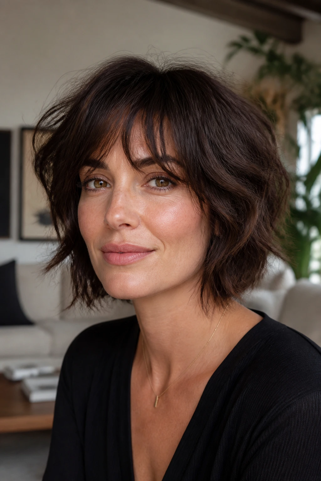 Close-up of a real woman with layered shaggy bob in a cozy room