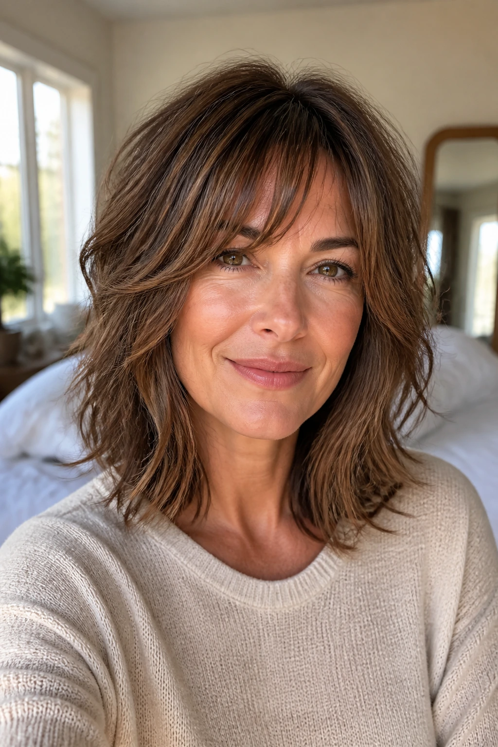 Close-up of a real person with shoulder-length layered shaggy lob in natural light.