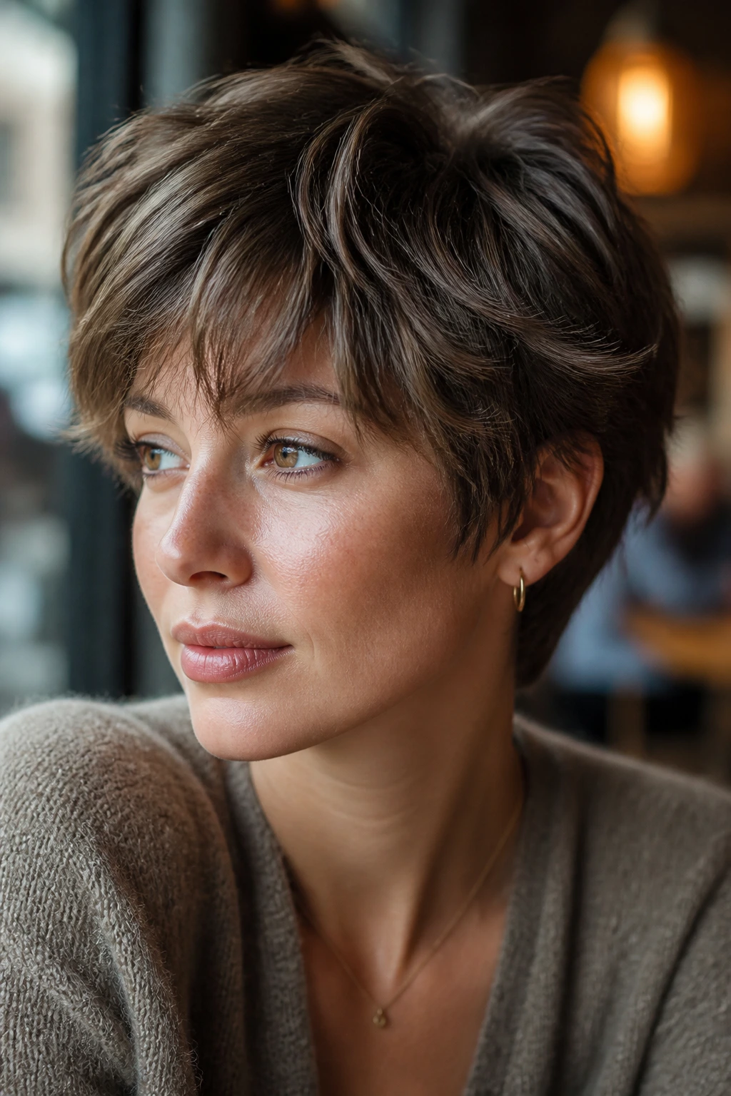 Close-up of woman with layered shaggy pixie hairstyle