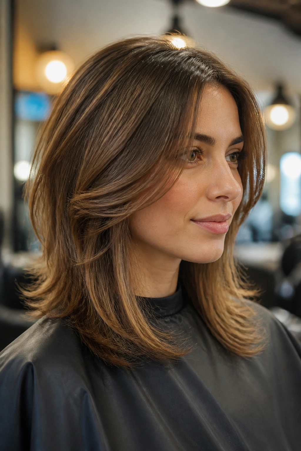 Portrait of a real person with a layered shape bob showing movement.