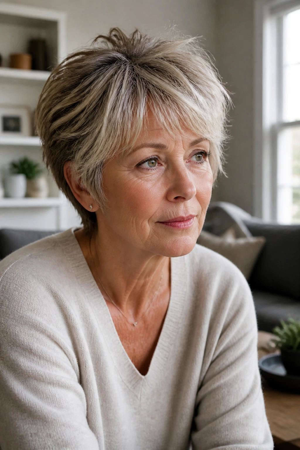 Portrait of a woman over 60 with layered short cut and side-swept fringe