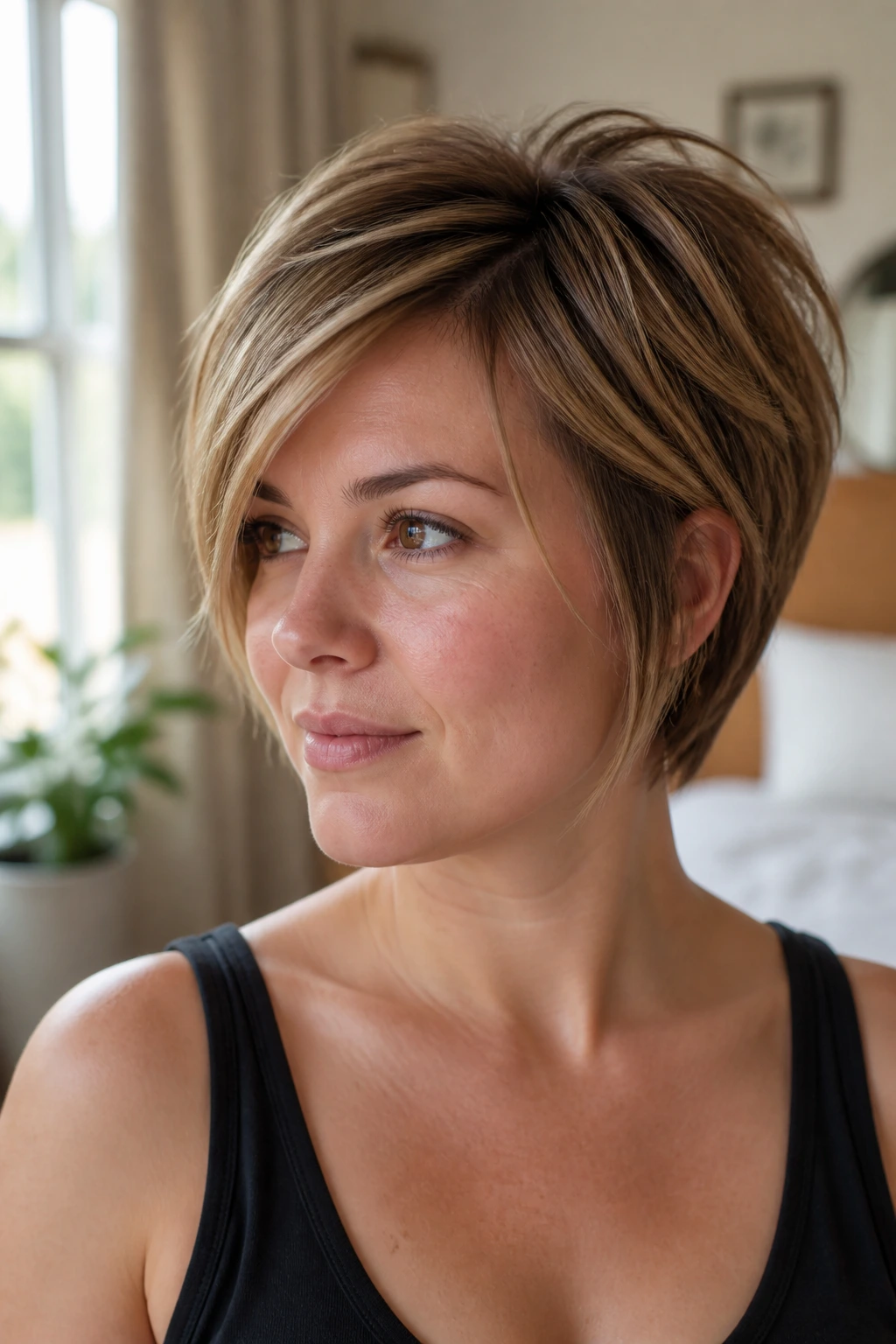 Portrait of a person with layered short haircut showing crown lift and diagonal lines.
