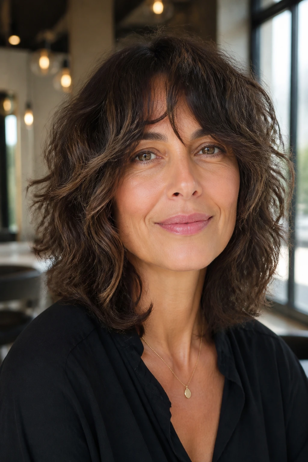 Close-up of a real woman with layered shoulder bob shag in warm window light