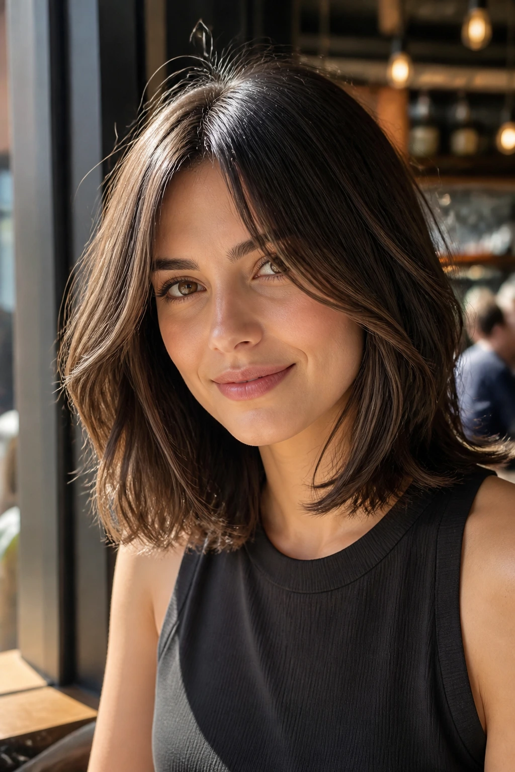 Portrait of a woman with layered shoulder-grazing bob.