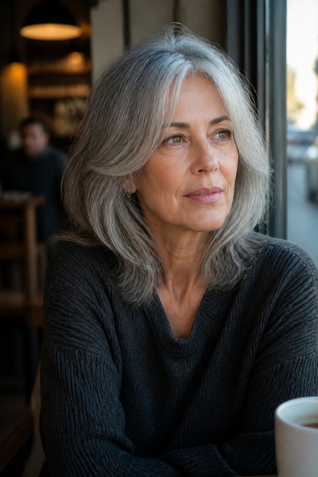 Real woman with layered shoulder-length gray hair and face-framing pieces in cafe window light