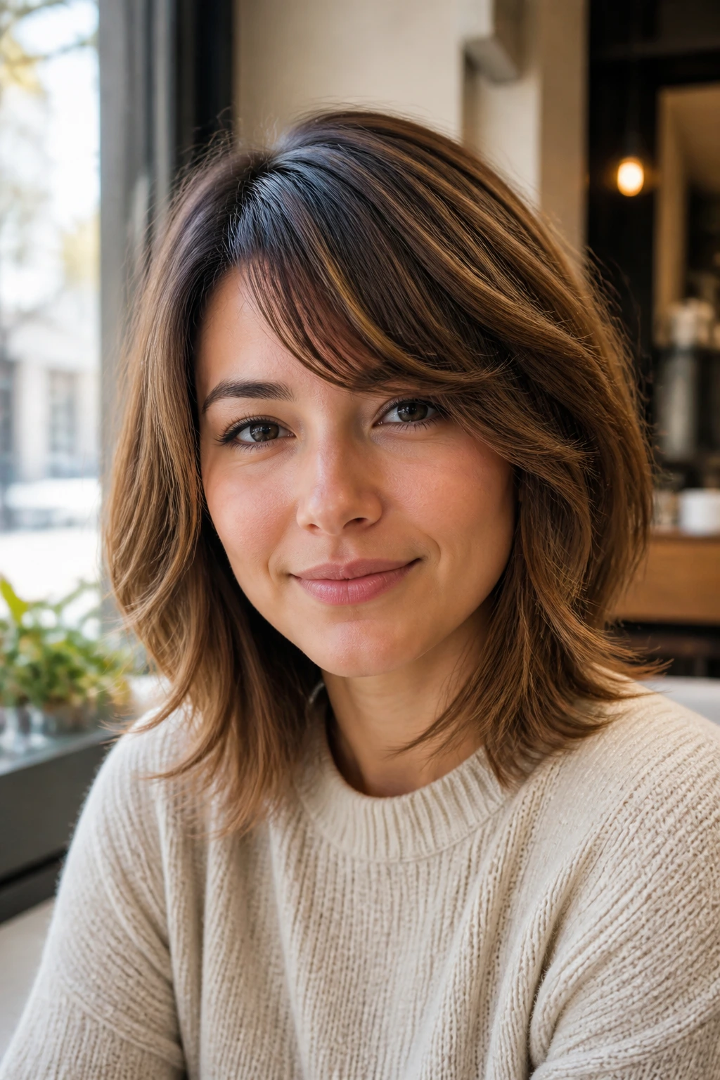 Real woman with layered side fringe in soft cafe light