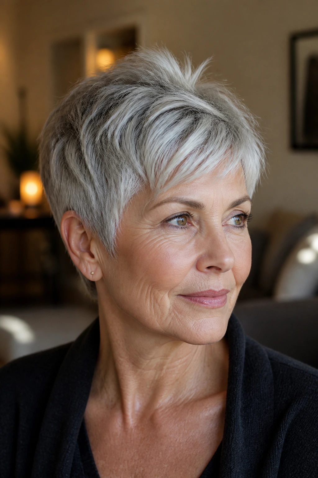 Close-up of a real woman with a layered silver crop hairstyle