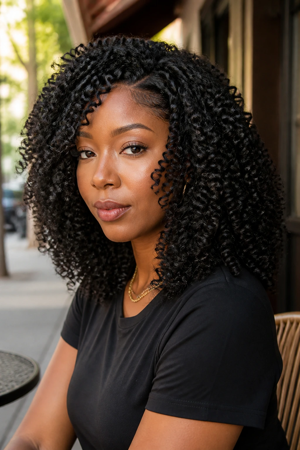 Close-up portrait of a real person with layered spiral curl crochet near the cheekbone