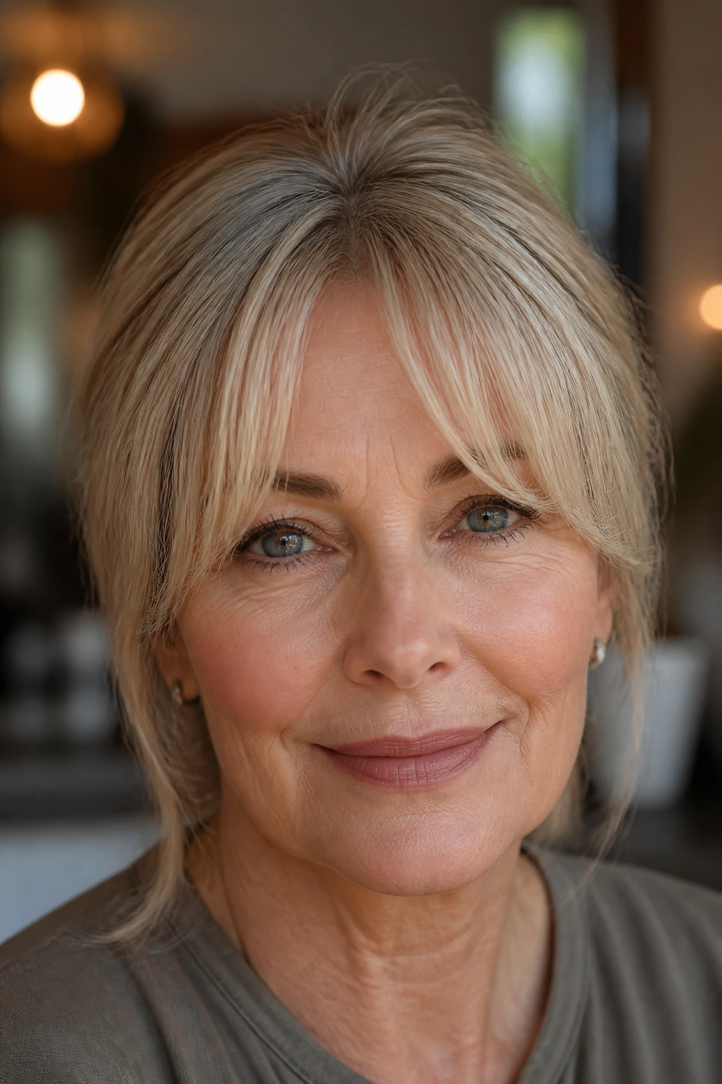 Close-up of a real woman with layered split fringe