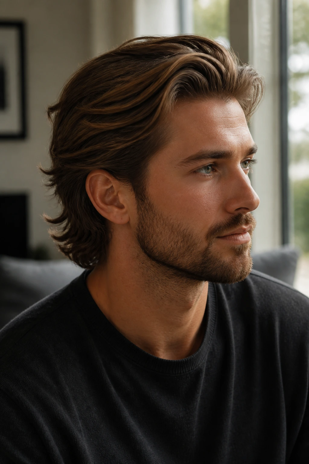 Close-up of a man with layered sweep-back hairstyle in a bright living room