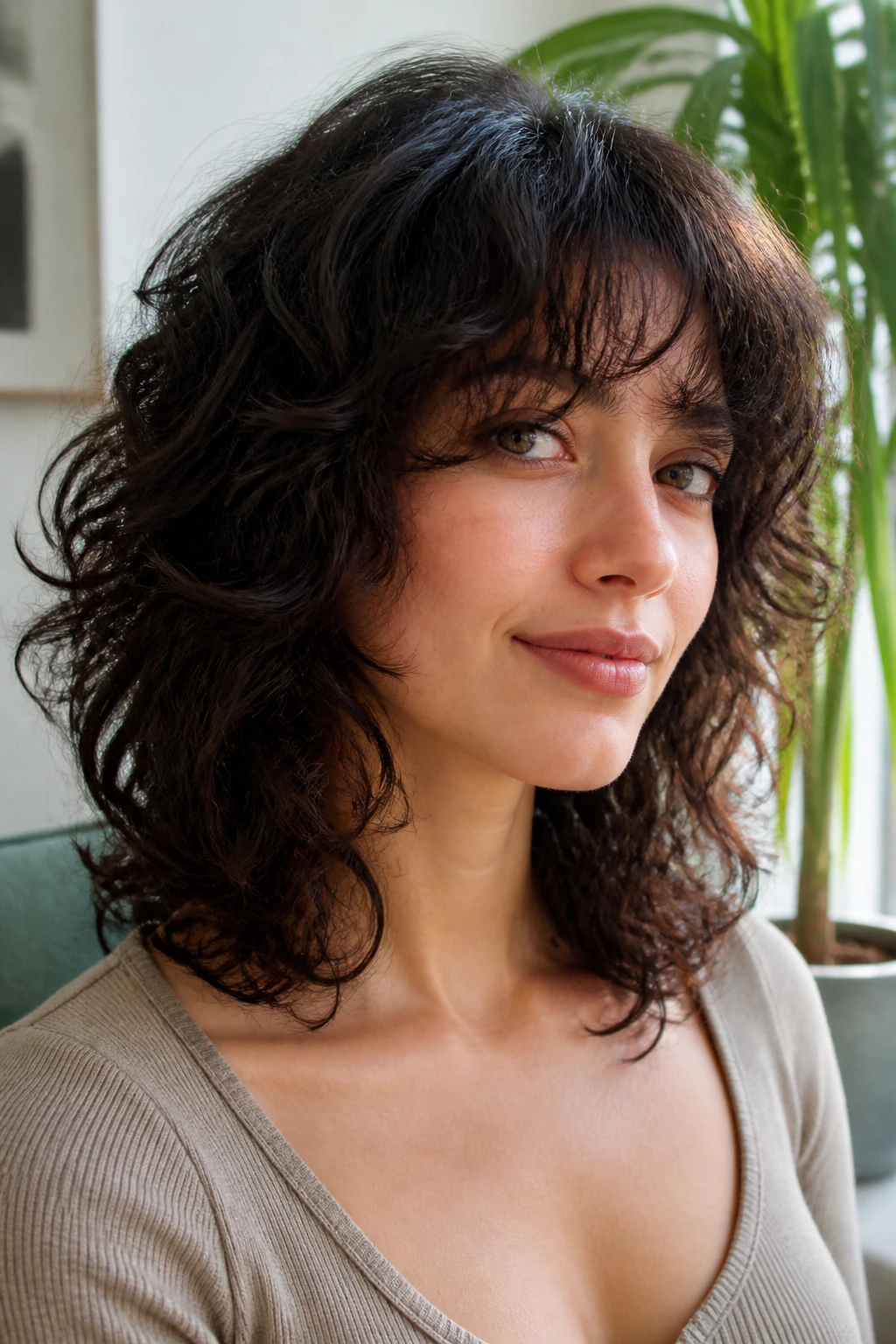 Real woman with layered triangle-balance curls and soft fringe in bright living room