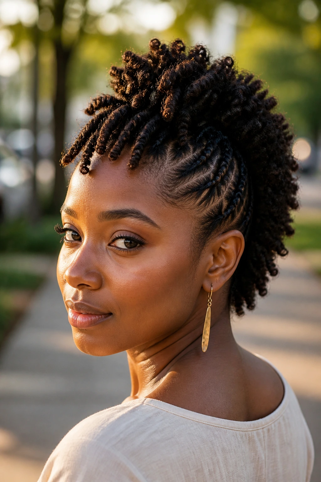 Real woman with layered twist-out mohawk showing varied twist sizes