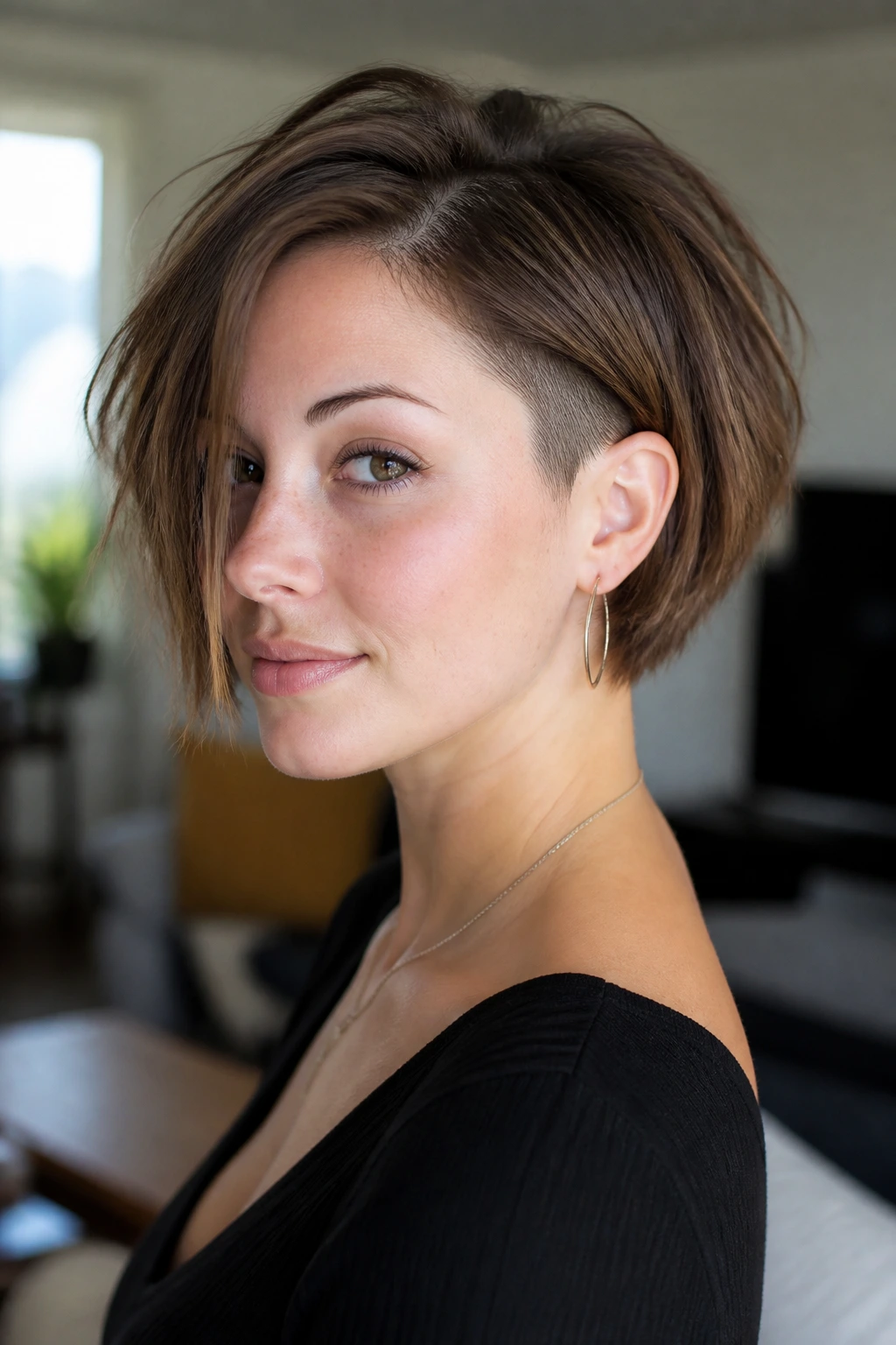 Real person sporting layered undercut bob with discreet nape undercut