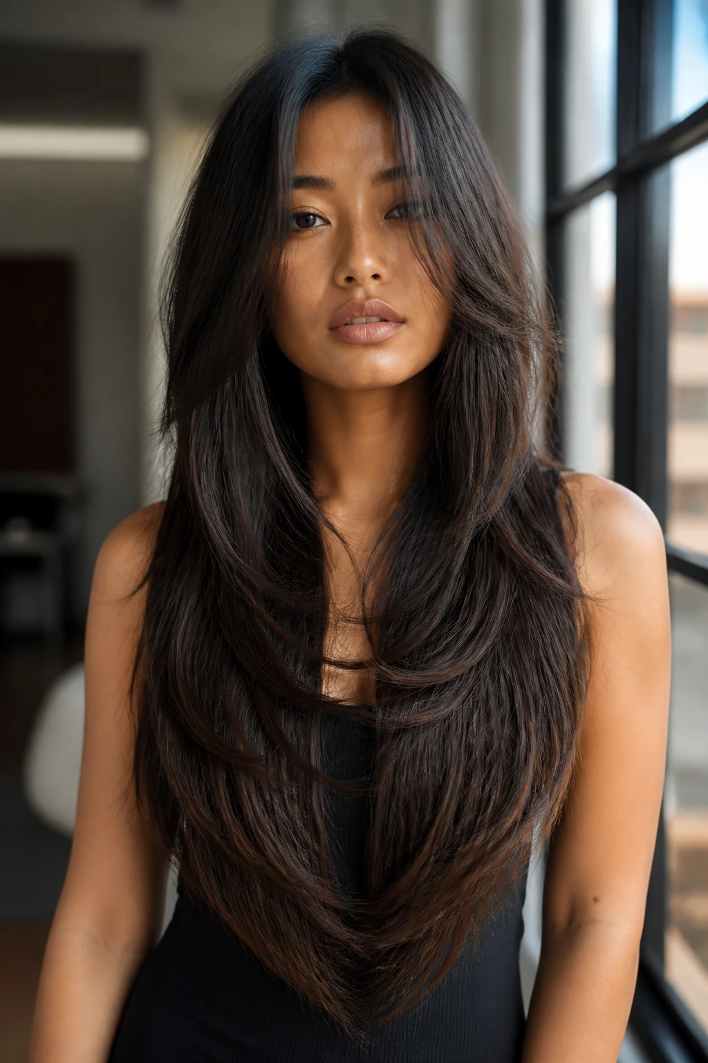 Close-up portrait showing a high-contrast layered V cut with a bold shape.