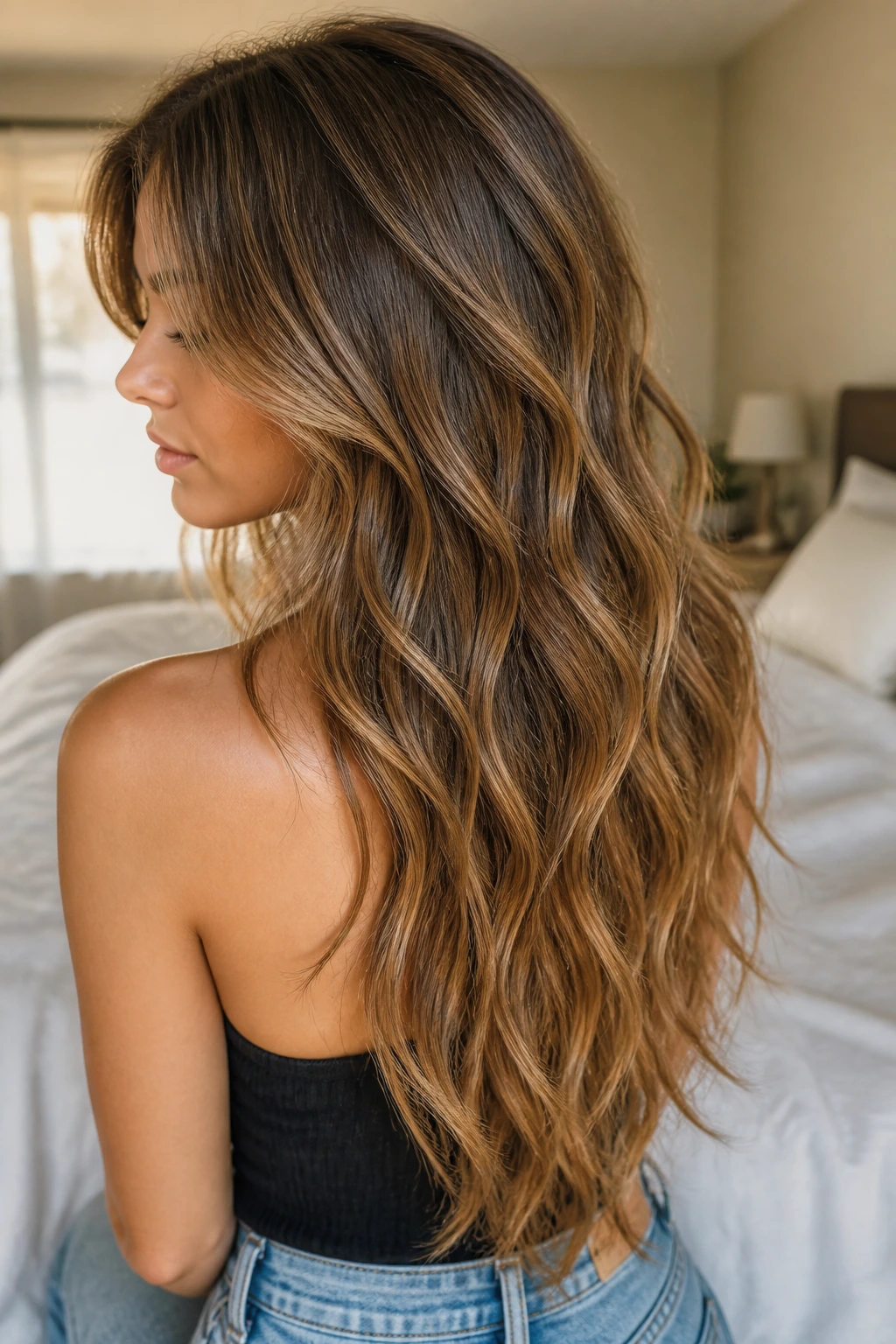 Close-up of a real woman with layered V-cut waves in natural light