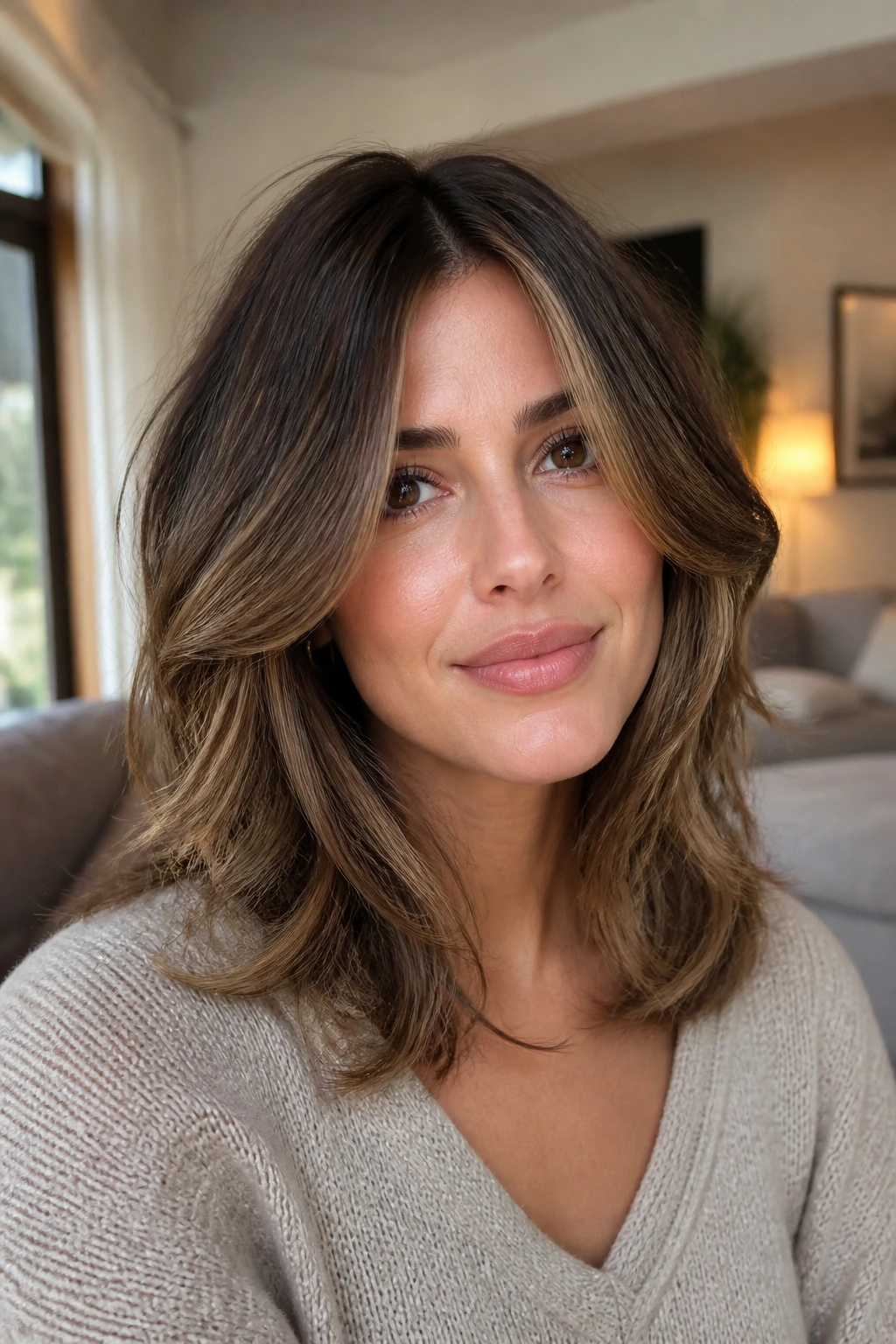 Portrait of a woman with face-framing layered waves