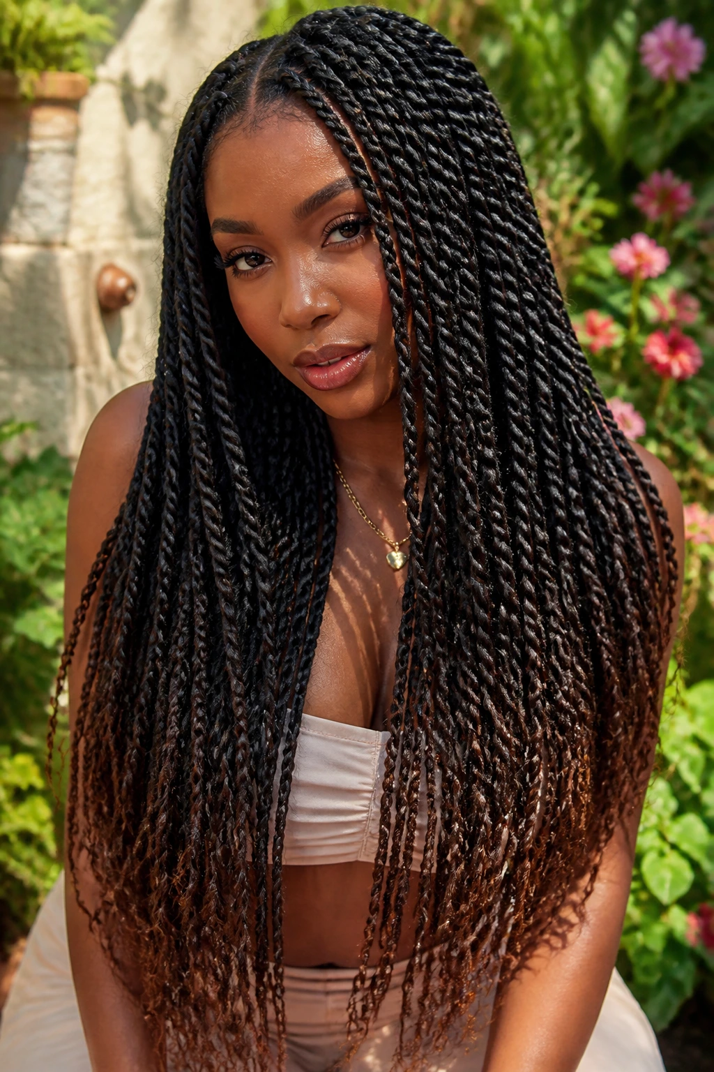 Close-up of layered waist-length twists on a real person