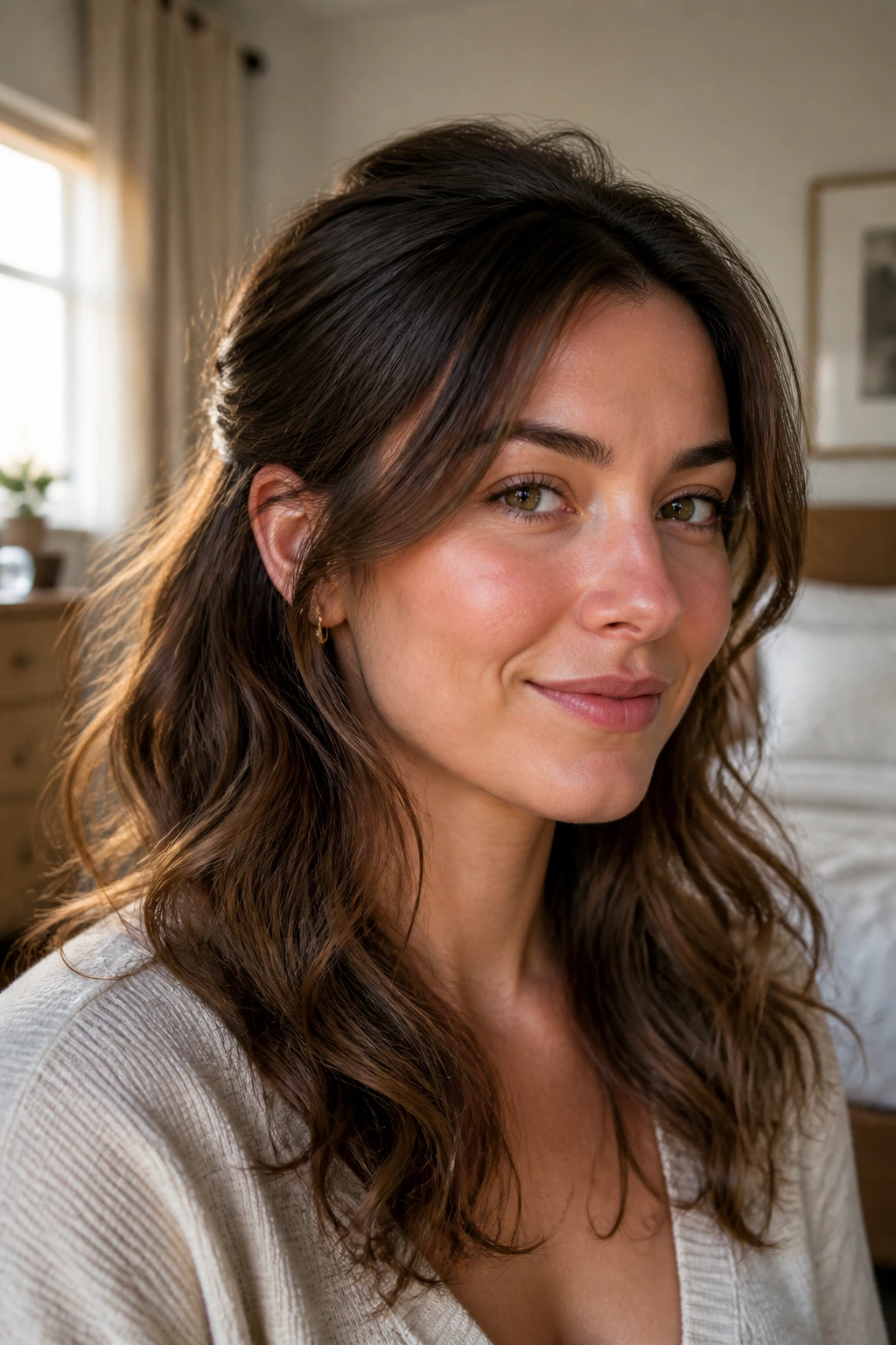 Portrait of a woman showing a variation of soft layered waves with front pieces tucked