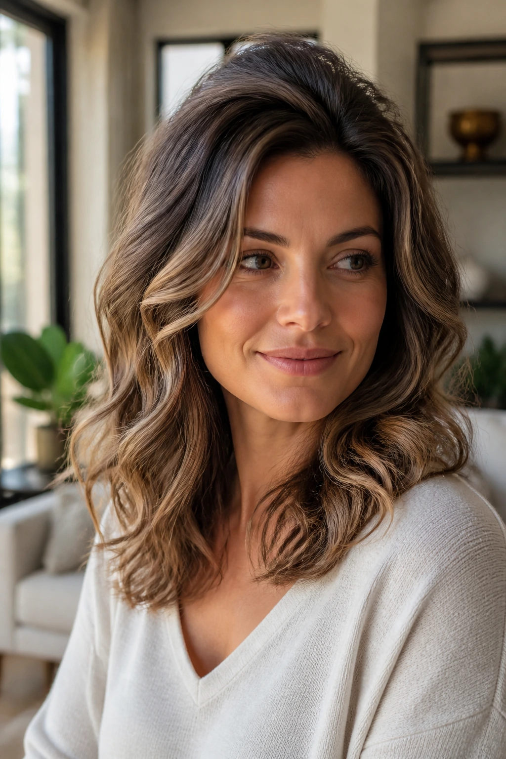 Portrait of a real woman with layered waves and lifted crown for volume