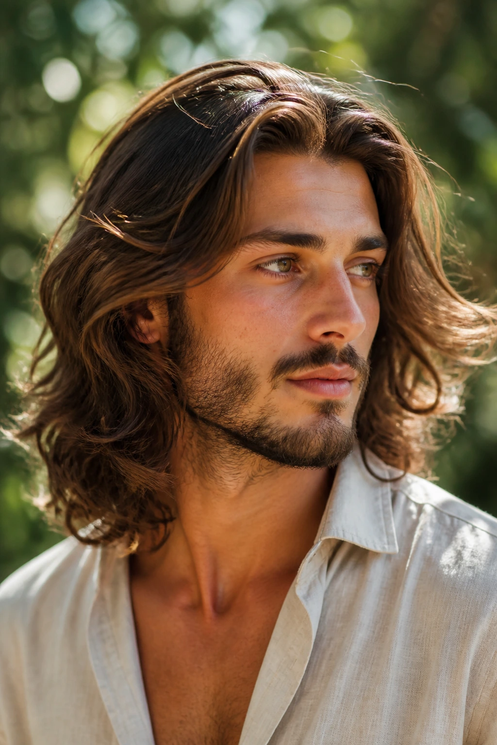 Close-up portrait of a real man with layered waves in a sunlit outdoor setting.