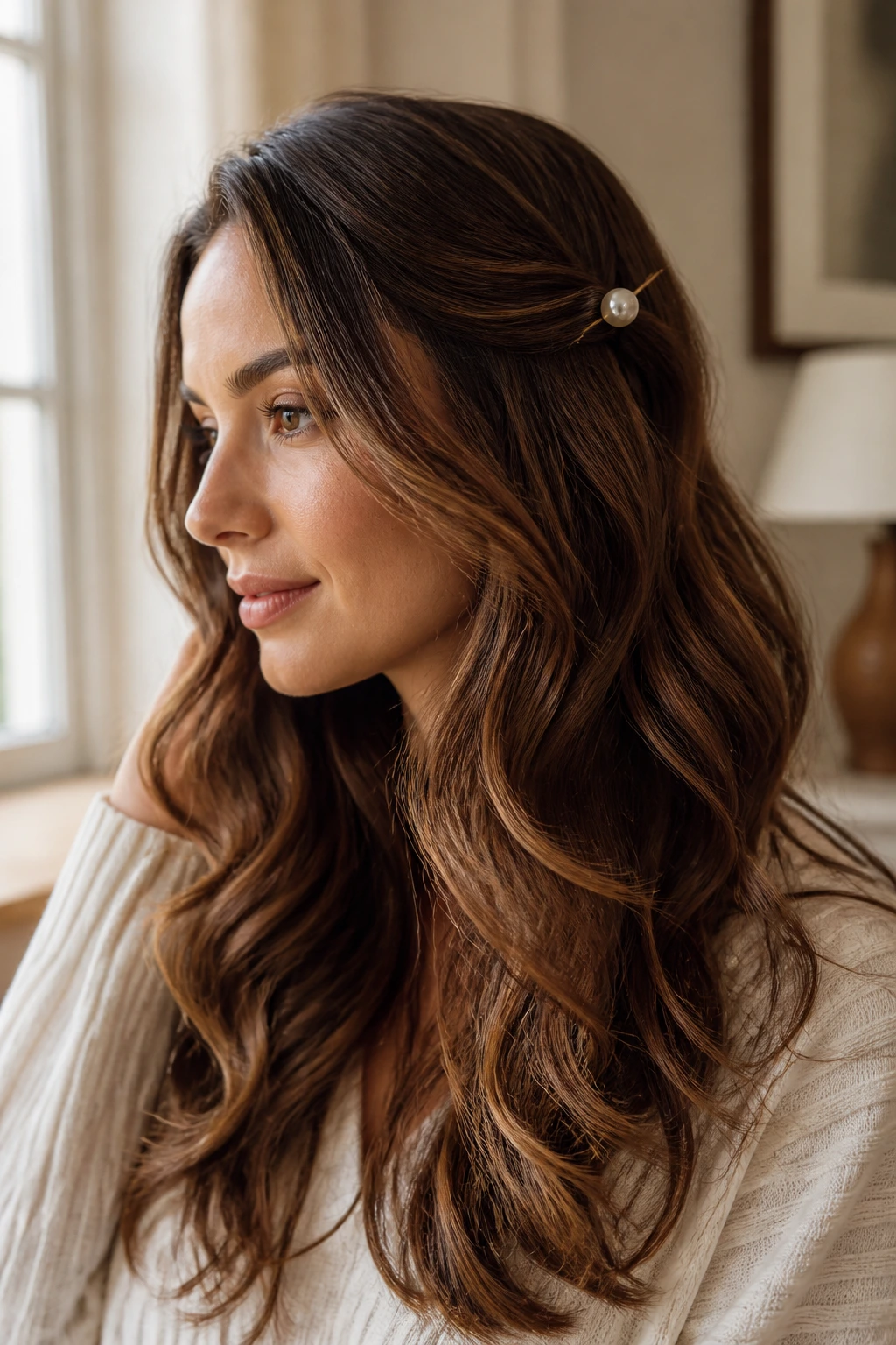 Close-up of a real woman with cascading layered waves and a single pearl hairpin