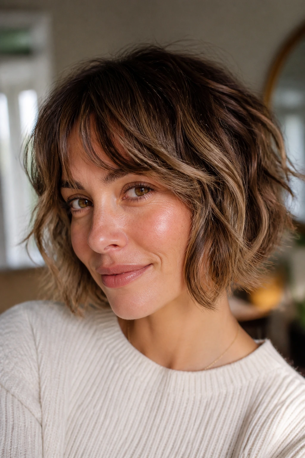 Close up of layered wavy bob on real woman with natural light