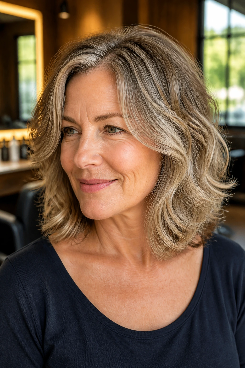 Close-up of real woman with layered wavy hair in a warm salon for a flattering face-framing cut