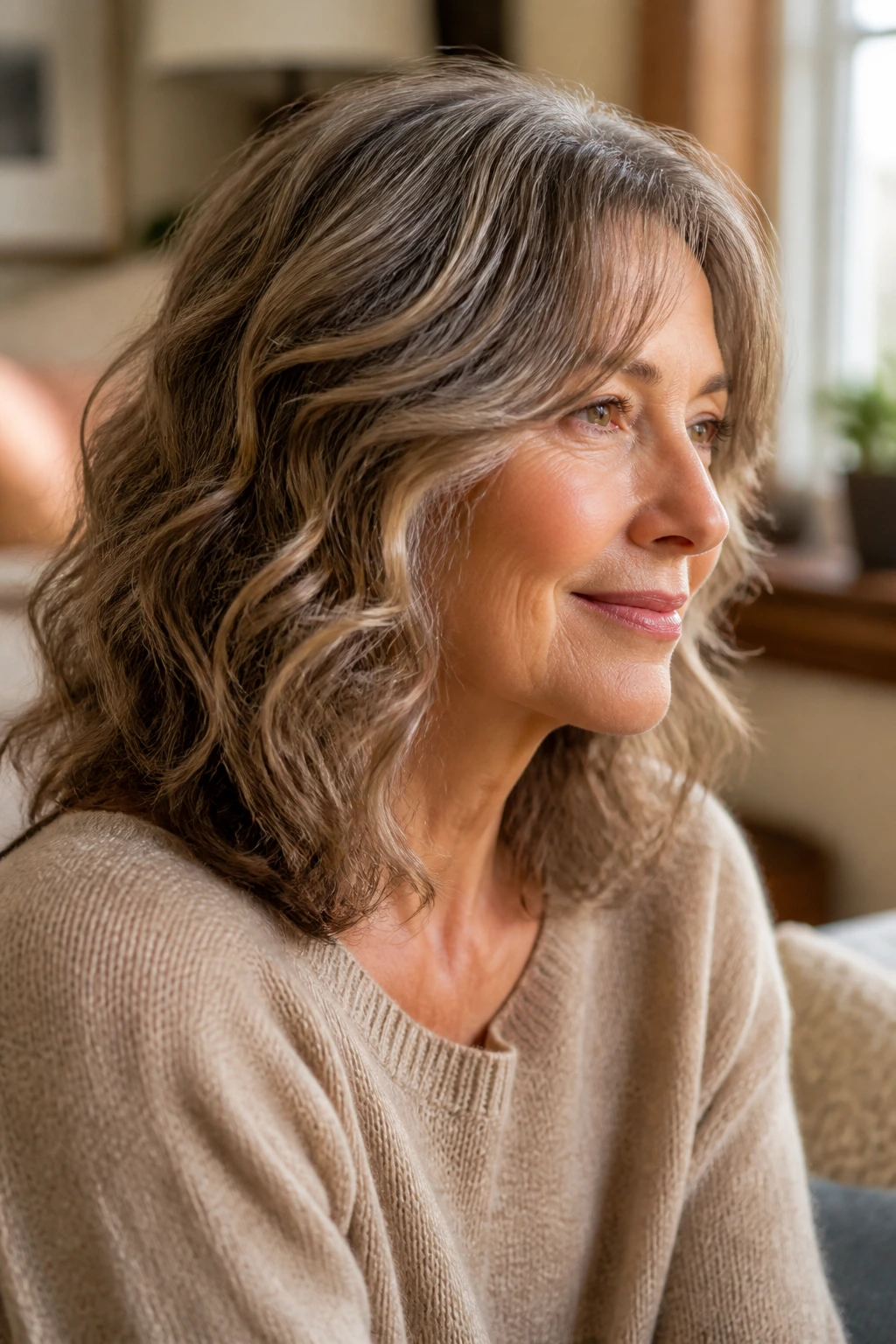 Portrait of a woman with a well-cut wavy hairstyle showing natural weight