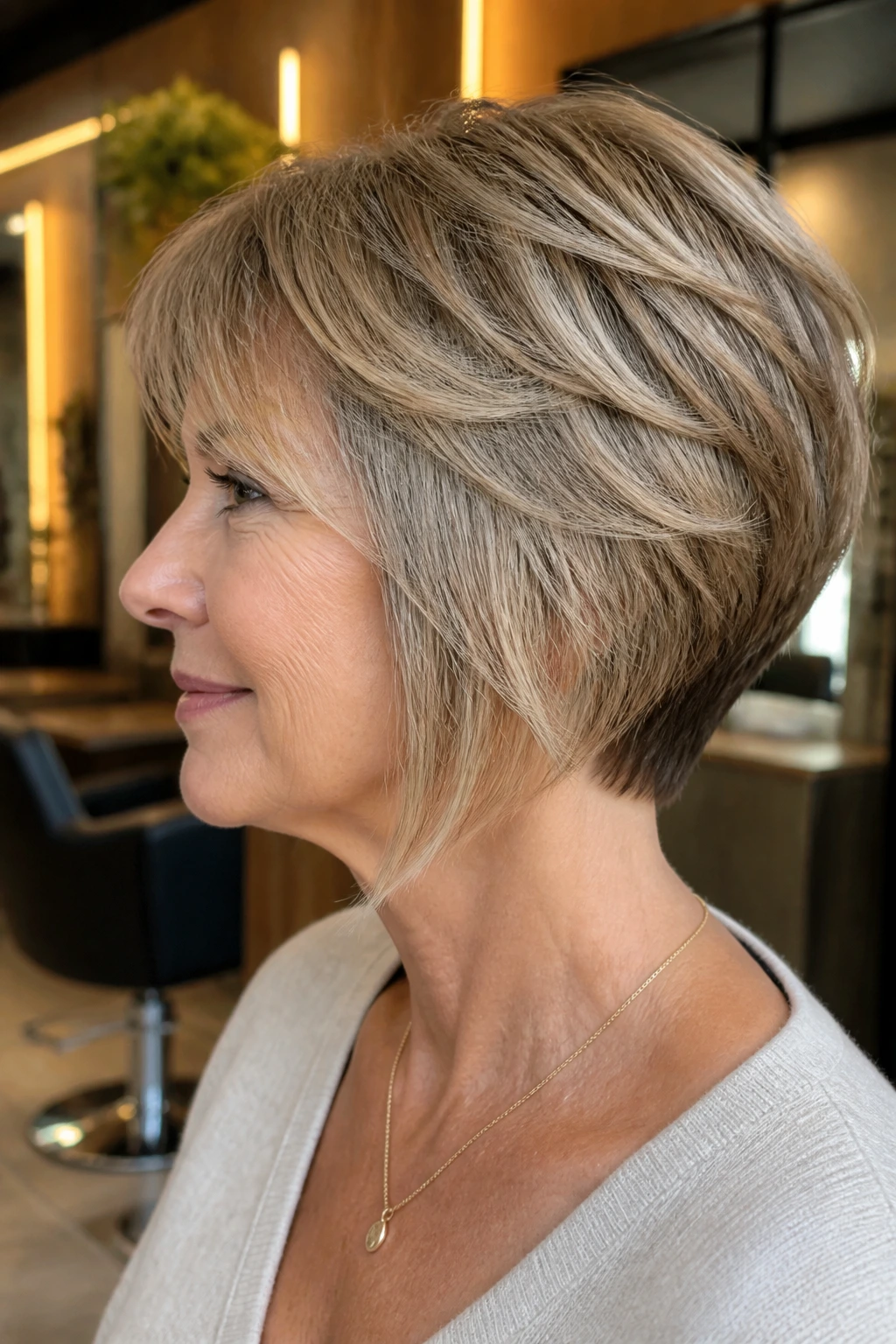 Close-up portrait of a real woman with a layered wedge cut