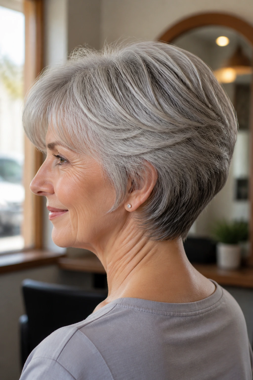 Close-up portrait of a real person with layered wedge cut and curved nape on gray hair