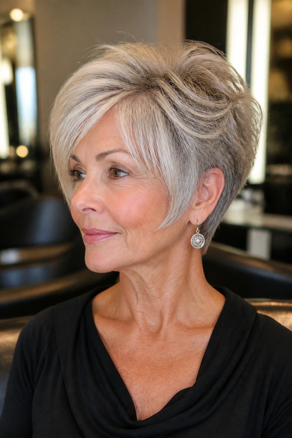 Medium close-up of a real woman with a layered wedge haircut, crown lifted.