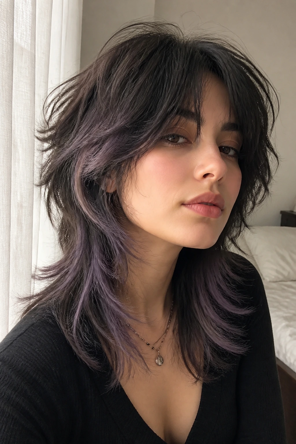 Close-up portrait of a real woman with layered wolf cut and smoky lavender veil