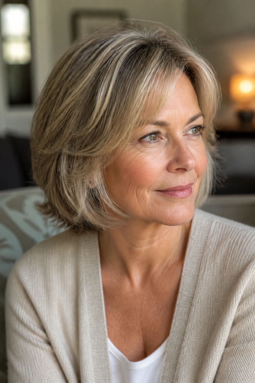 Close-up of a real woman showing layered fine hair with crown and ends weight in natural home light