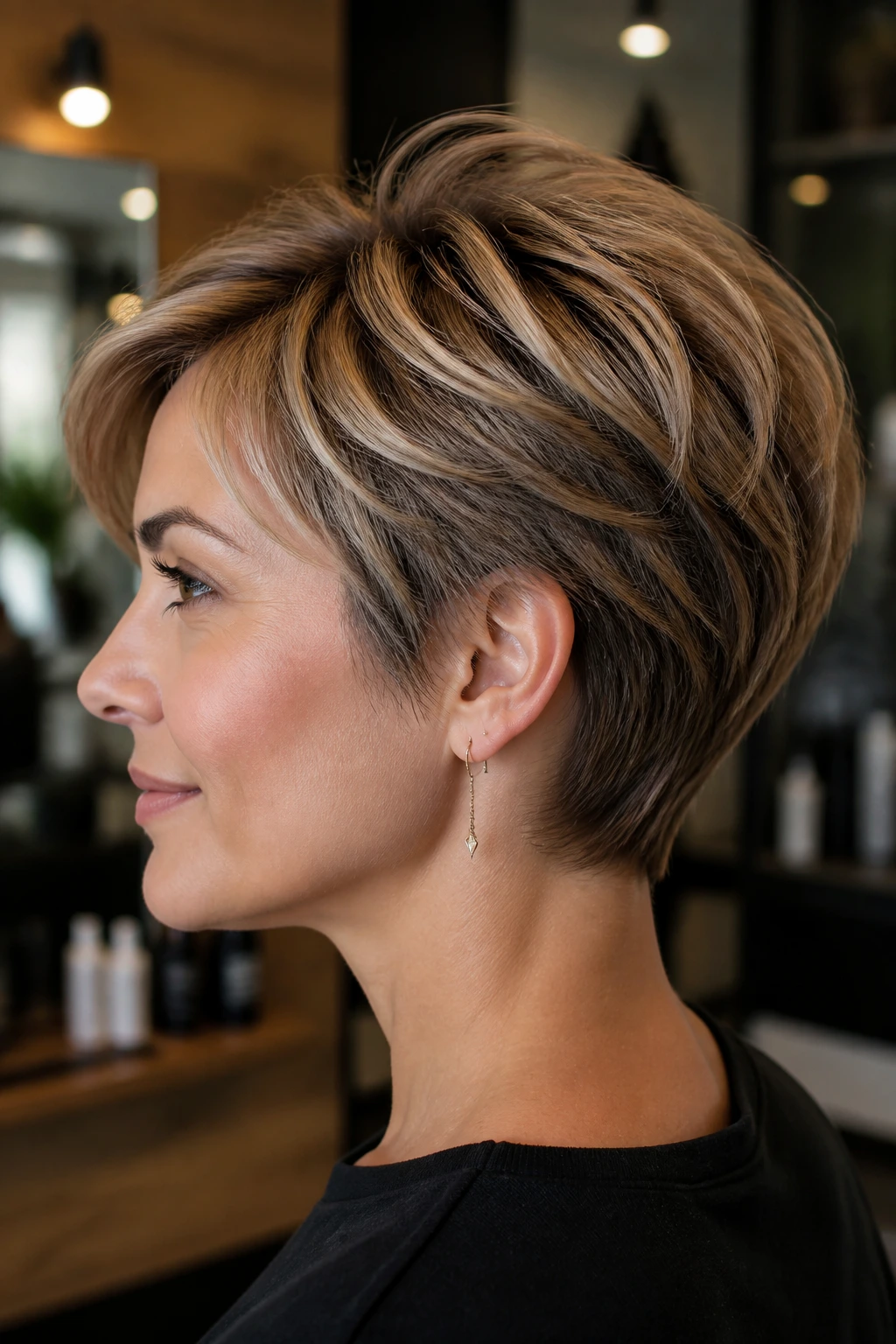 Close-up of layered short hair showing internal vs external layers on a real person.