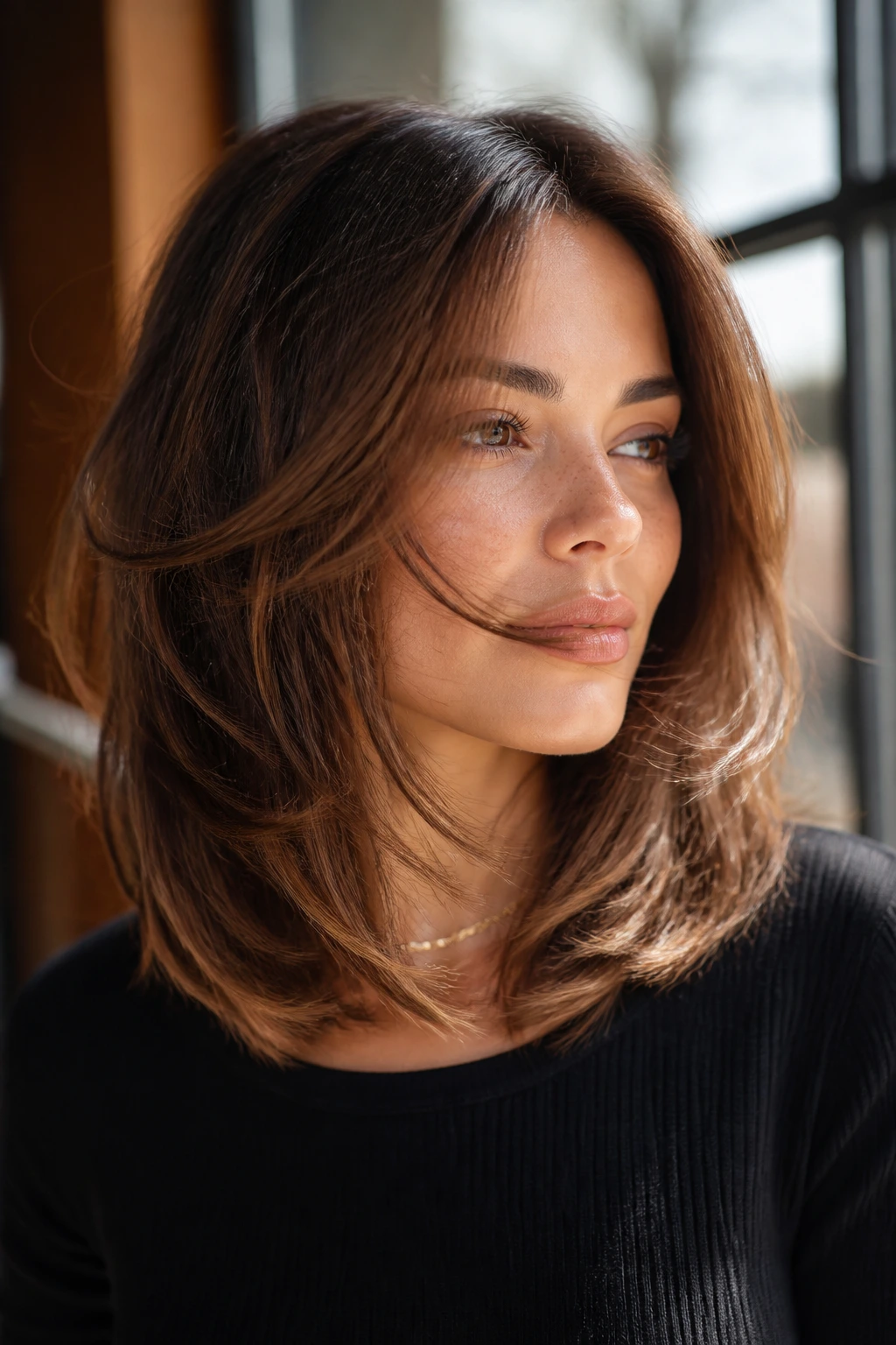 Close-up of a real woman with layered hair showing movement in warm salon daylight