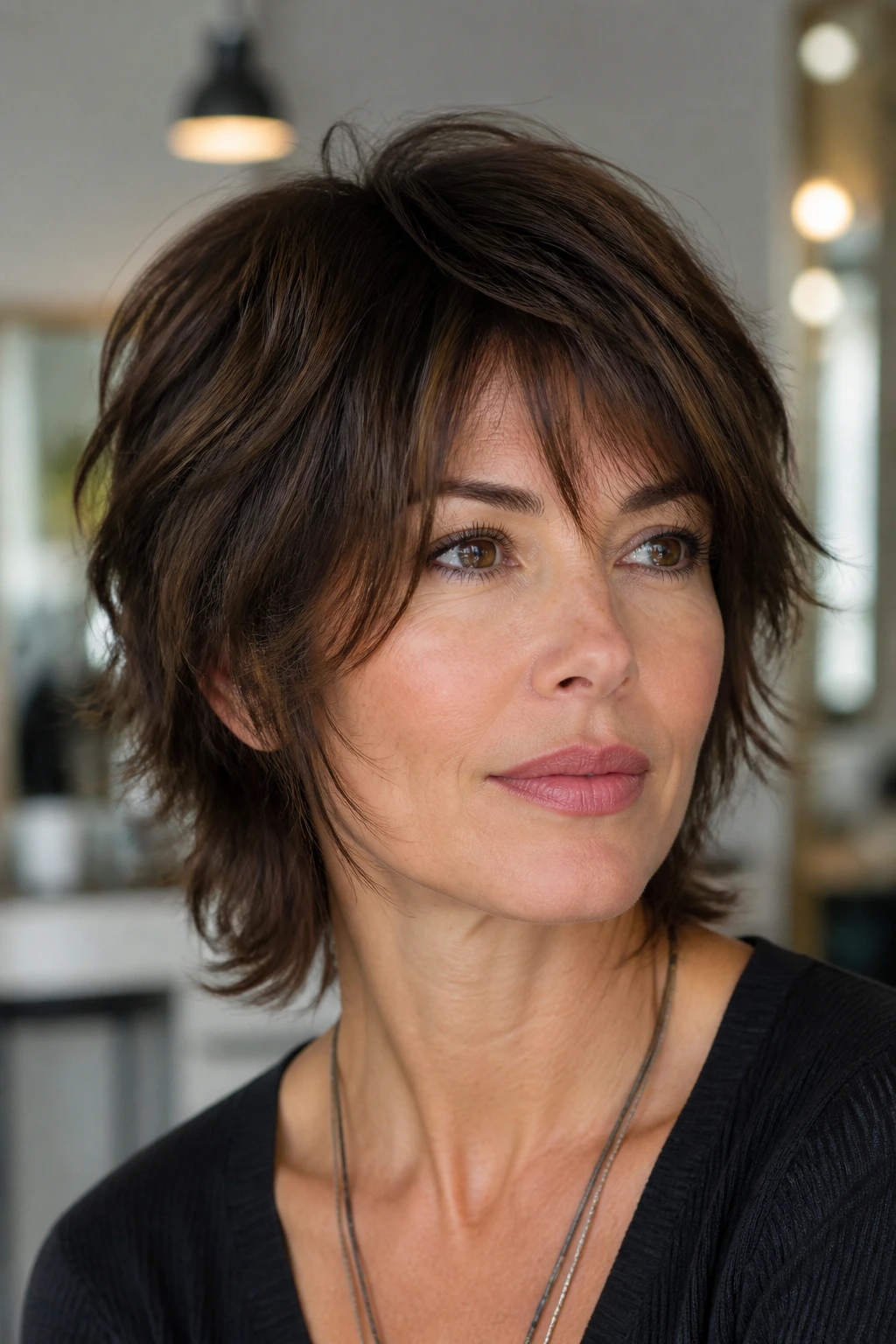Portrait of a real person with cheekbone-framing layers in a short shag in soft salon lighting