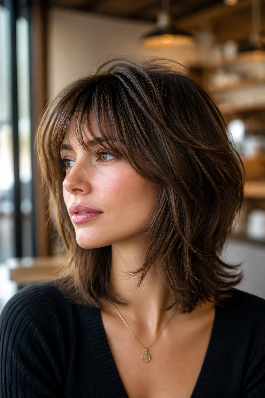 Portrait of a woman with clearly layered haircut framing her face