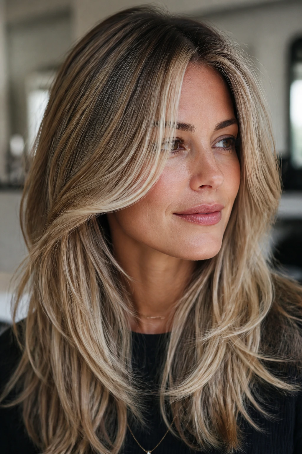 Portrait showing face-framing layers and highlighted front pieces
