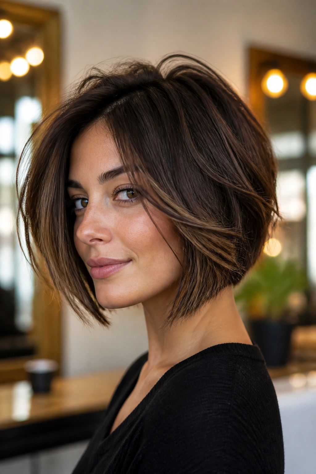 Portrait showing layered bob interior layers: crown lift and face-framing layers.